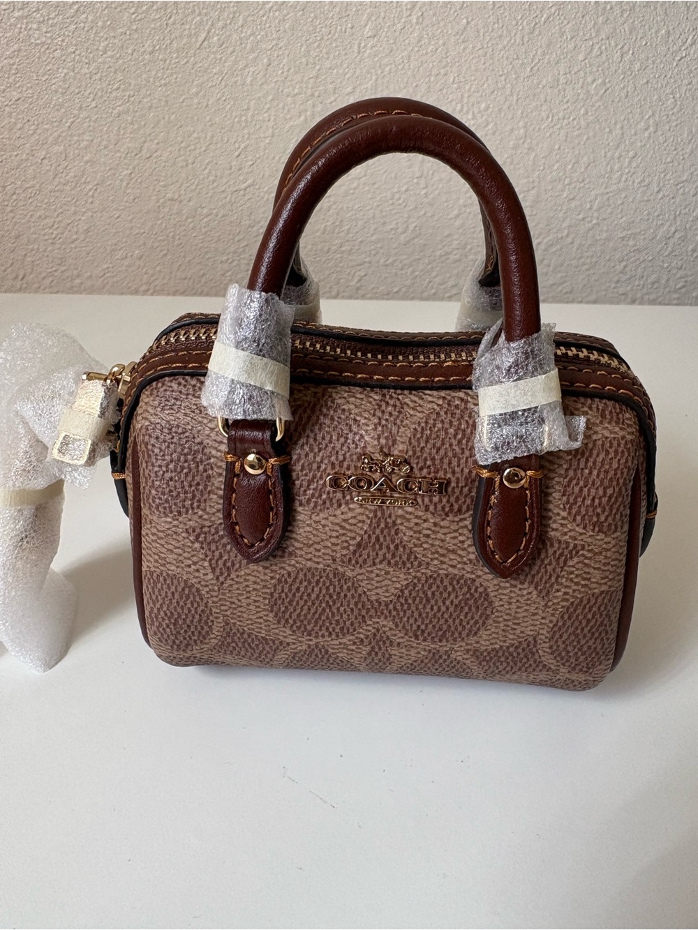 Coach Brown Signature Bag Charm with Dark Brown Trim